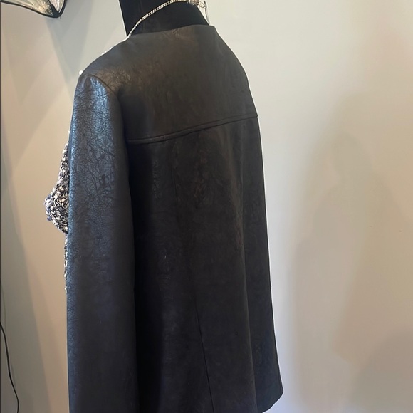 Open Front Cardigan black leather back and sleeves with blue and white fabric - Picture 3 of 3